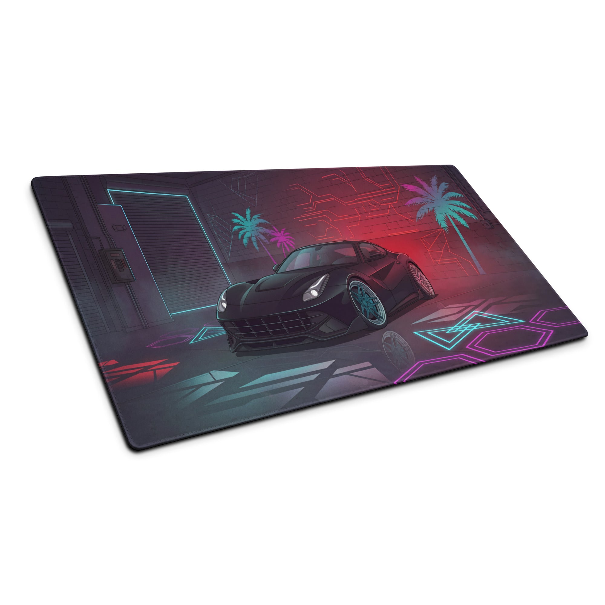 Ferrari F12berlinetta Inspired Black Red Vaporwave Gaming Mouse Pad – Neon Cyber Garage Desk Mat, Futuristic Italian Supercar Digital Artwork