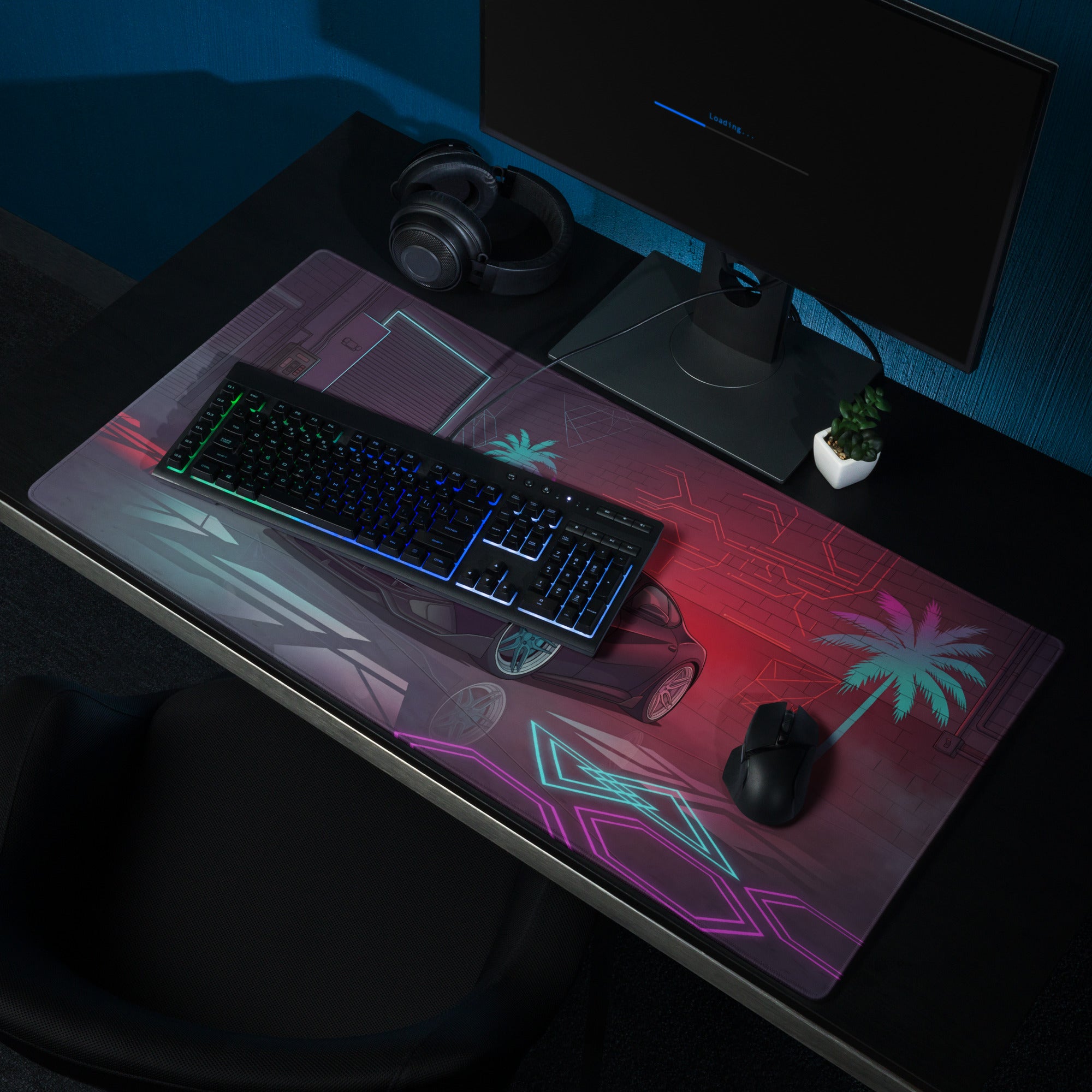 Ferrari F12berlinetta Inspired Black Red Vaporwave Gaming Mouse Pad – Neon Cyber Garage Desk Mat, Futuristic Italian Supercar Digital Artwork