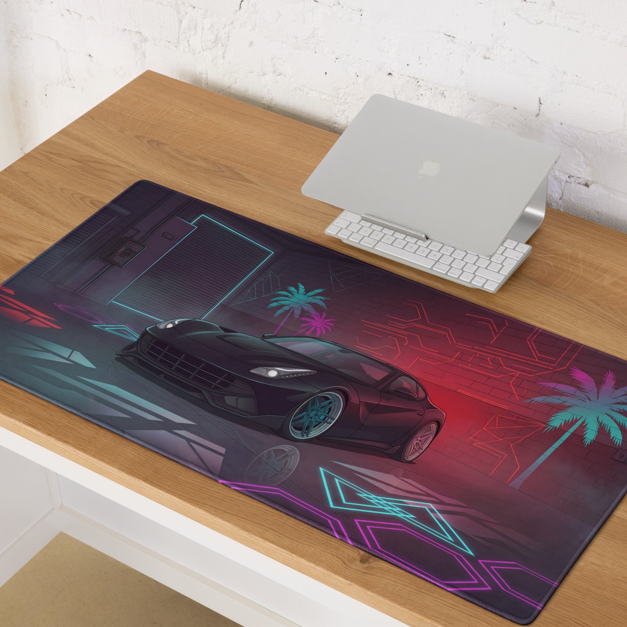 Ferrari F12berlinetta Inspired Black Red Vaporwave Gaming Mouse Pad – Neon Cyber Garage Desk Mat, Futuristic Italian Supercar Digital Artwork