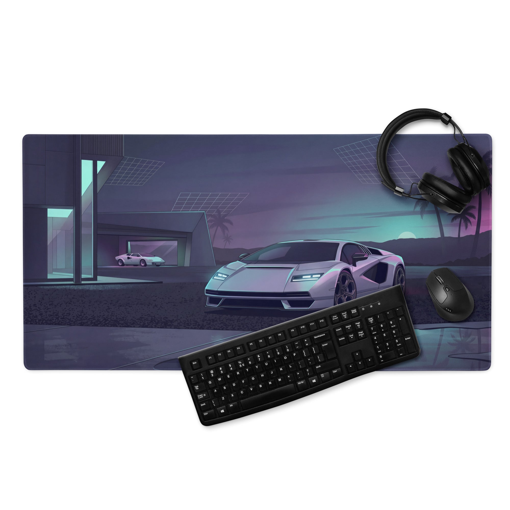 Lamborghini Countach Inspired White Cyan Vaporwave Gaming Mouse Pad – Futuristic Palm Villa Desk Mat, Retro Supercar Digital Artwork