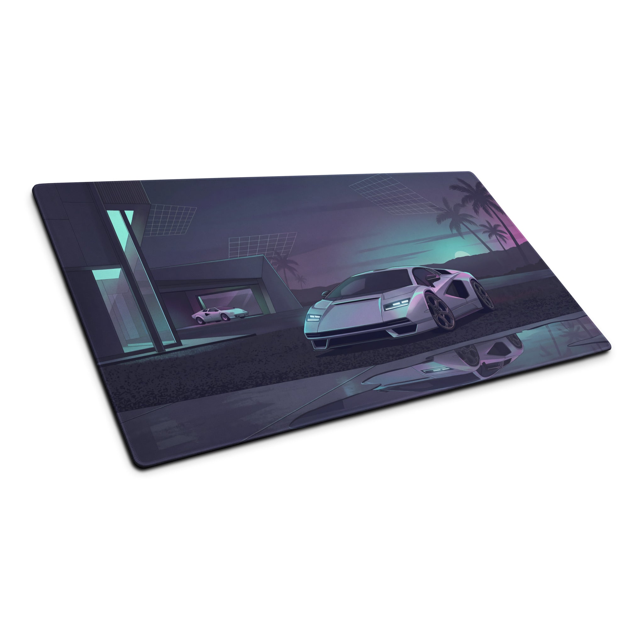 Lamborghini Countach Inspired White Cyan Vaporwave Gaming Mouse Pad – Futuristic Palm Villa Desk Mat, Retro Supercar Digital Artwork