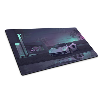 Lamborghini Countach Inspired White Cyan Vaporwave Gaming Mouse Pad – Futuristic Palm Villa Desk Mat, Retro Supercar Digital Artwork