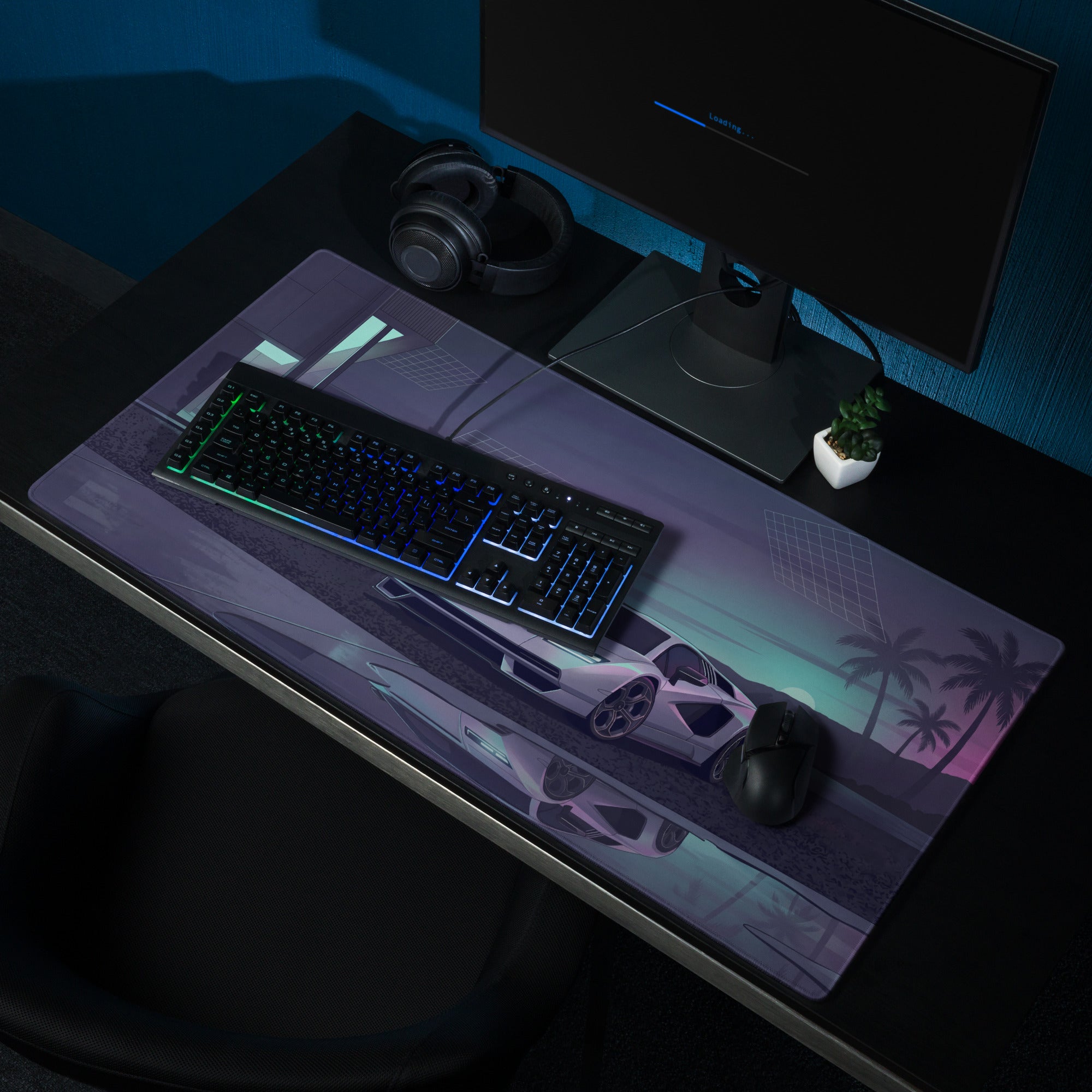 Lamborghini Countach Inspired White Cyan Vaporwave Gaming Mouse Pad – Futuristic Palm Villa Desk Mat, Retro Supercar Digital Artwork
