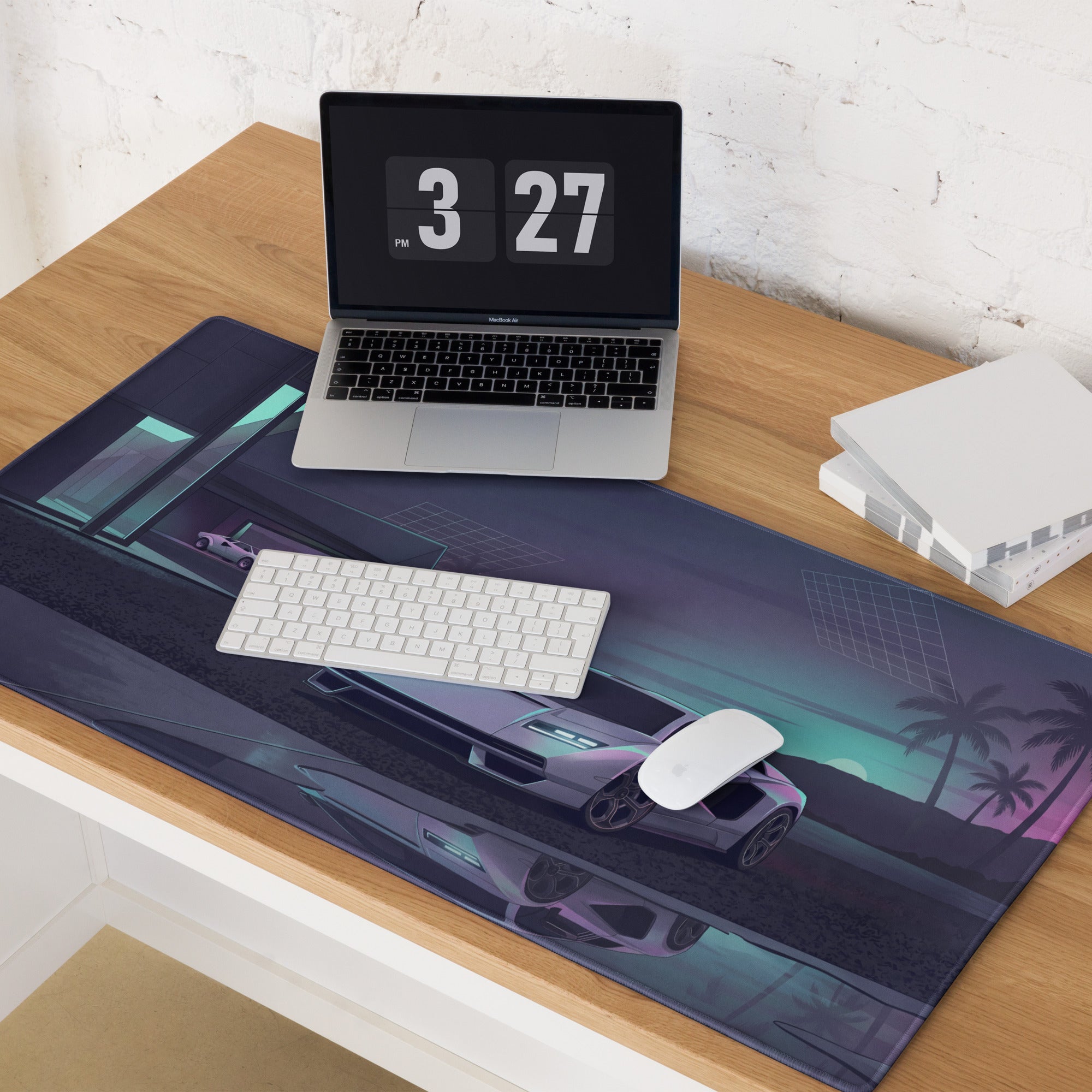Lamborghini Countach Inspired White Cyan Vaporwave Gaming Mouse Pad – Futuristic Palm Villa Desk Mat, Retro Supercar Digital Artwork