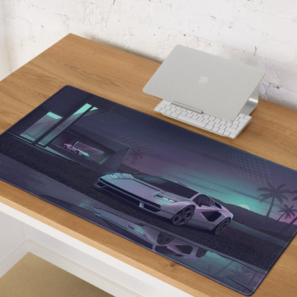 Lamborghini Countach Inspired White Cyan Vaporwave Gaming Mouse Pad – Futuristic Palm Villa Desk Mat, Retro Supercar Digital Artwork