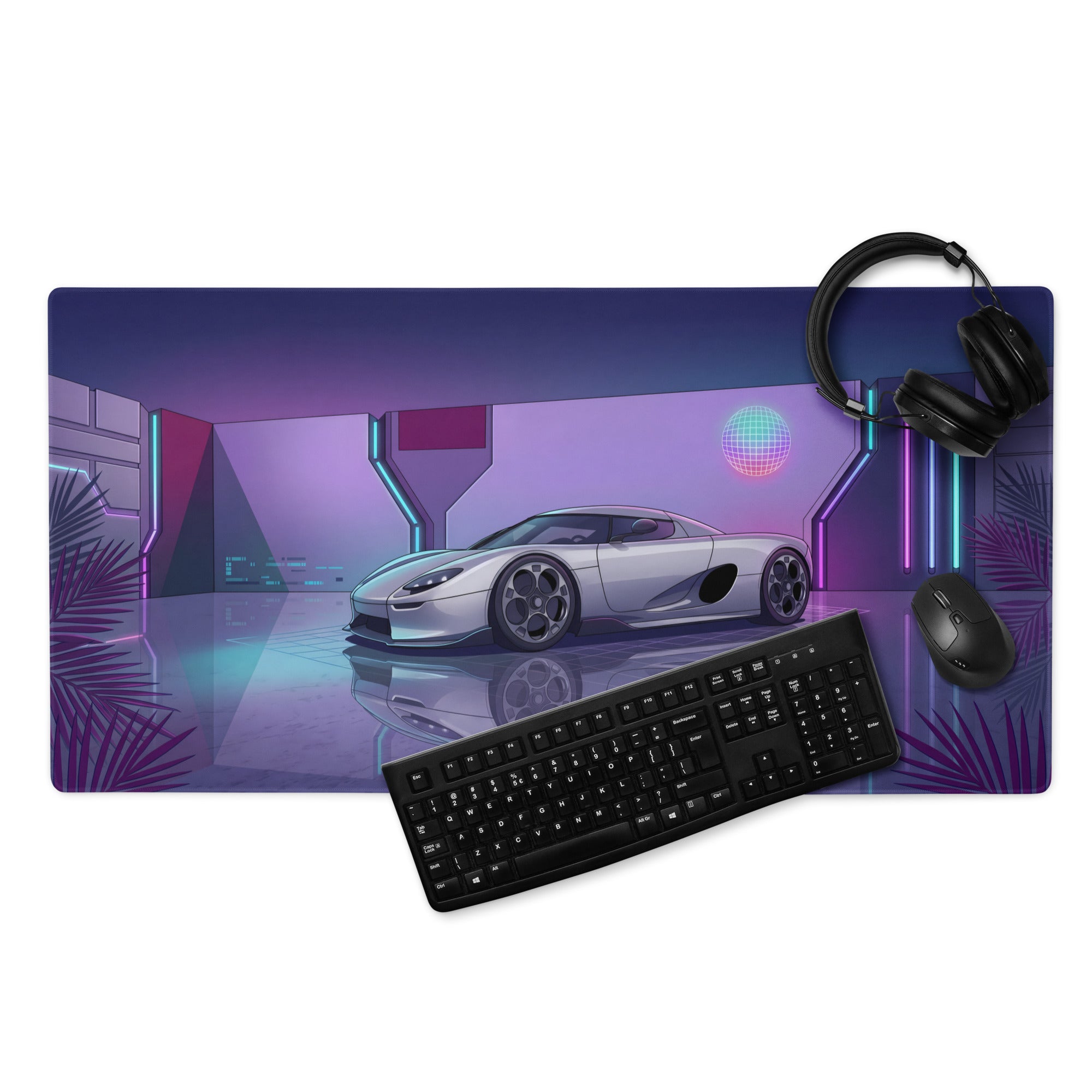 Koenigsegg CCX Inspired White Purple Vaporwave Gaming Mouse Pad – Futuristic Neon Garage Desk Mat, Retro Cyberpunk Supercar Digital Artwork