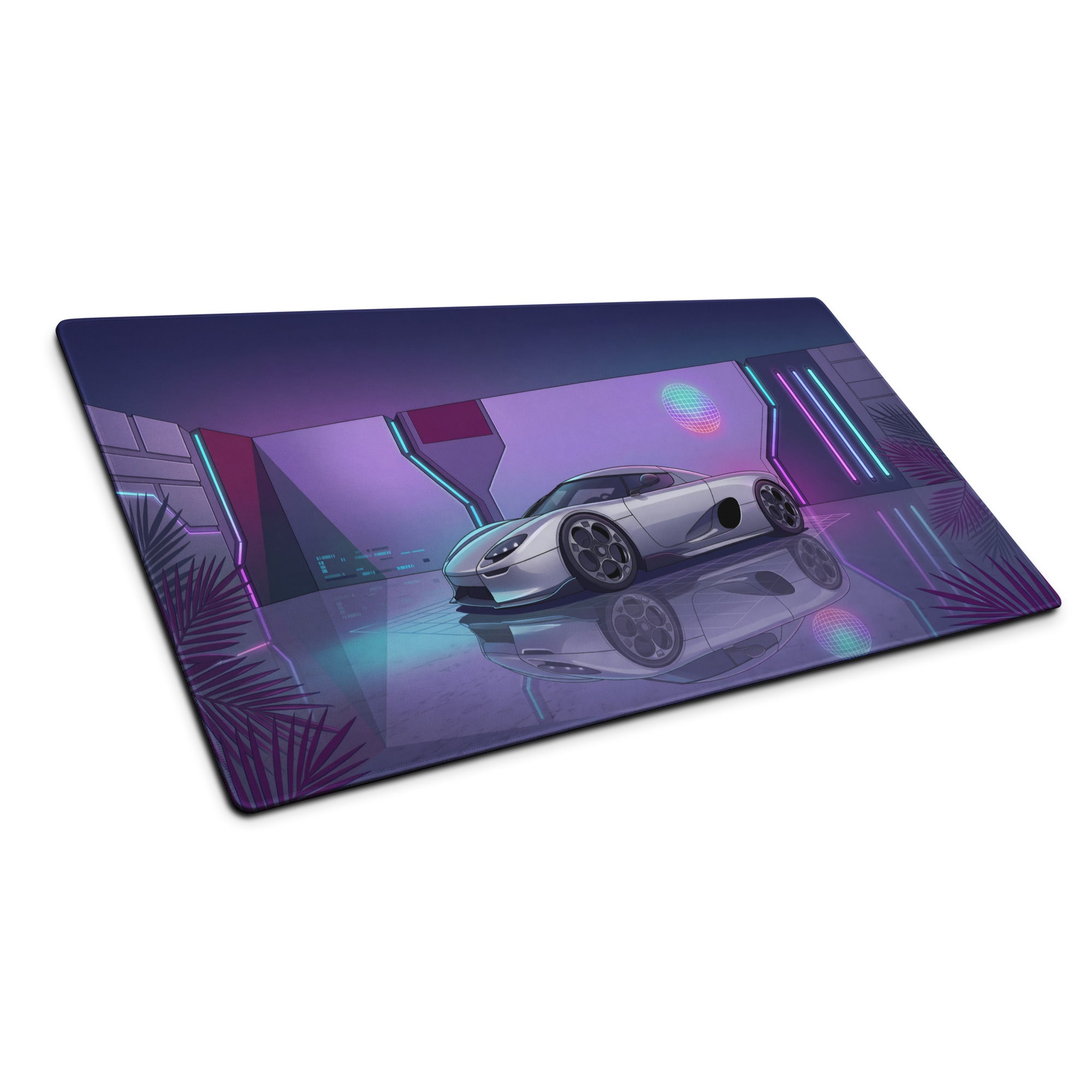 Koenigsegg CCX Inspired White Purple Vaporwave Gaming Mouse Pad – Futuristic Neon Garage Desk Mat, Retro Cyberpunk Supercar Digital Artwork