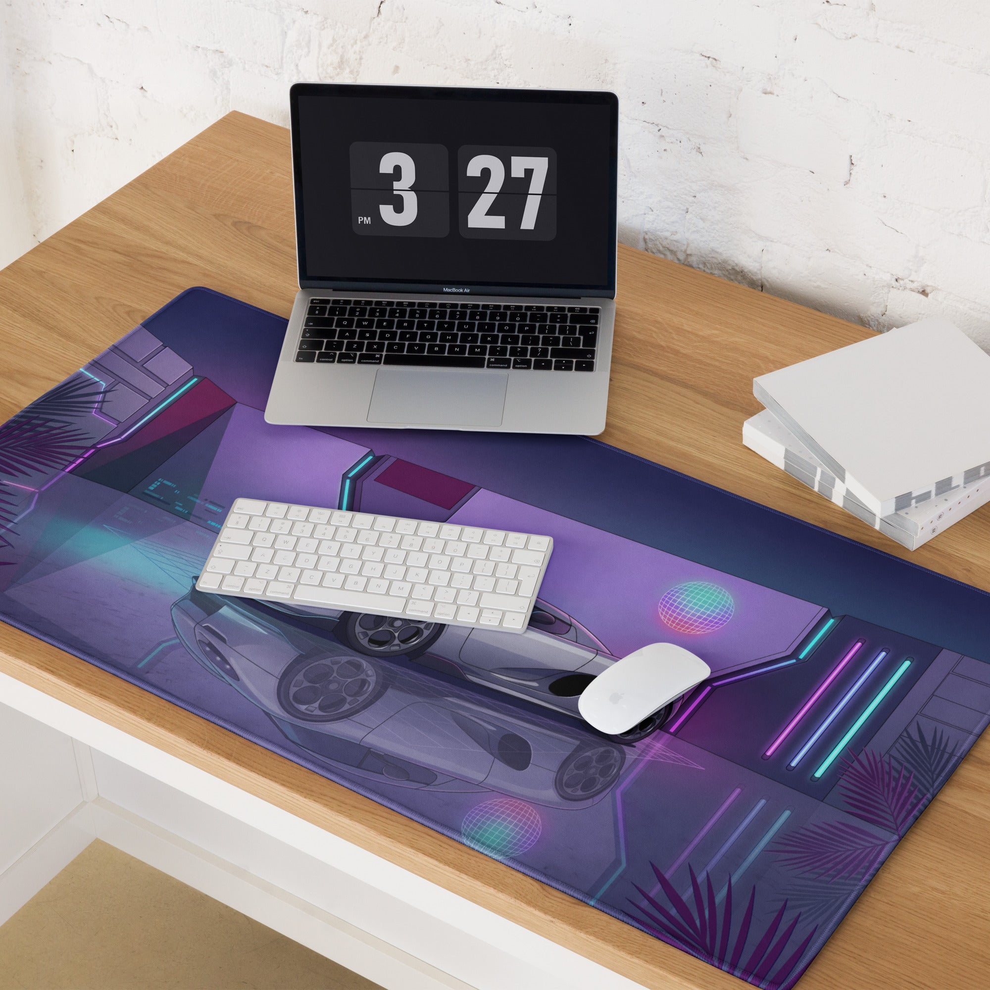 Koenigsegg CCX Inspired White Purple Vaporwave Gaming Mouse Pad – Futuristic Neon Garage Desk Mat, Retro Cyberpunk Supercar Digital Artwork