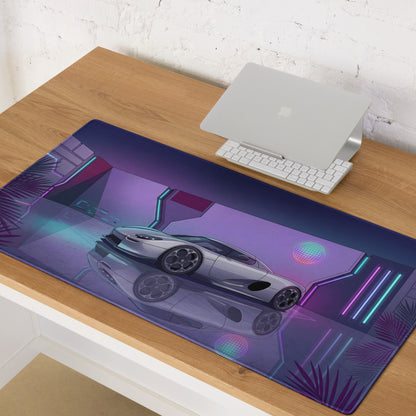 Koenigsegg CCX Inspired White Purple Vaporwave Gaming Mouse Pad – Futuristic Neon Garage Desk Mat, Retro Cyberpunk Supercar Digital Artwork