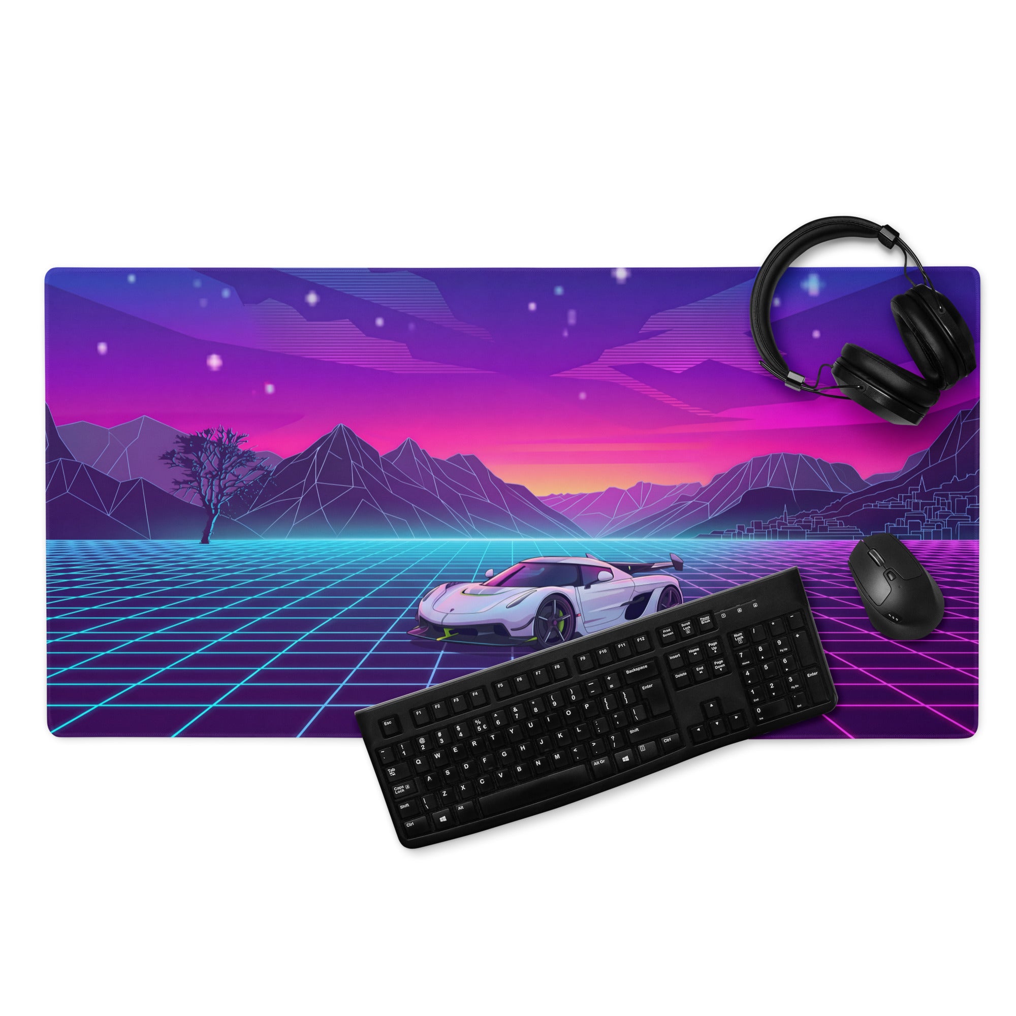 Koenigsegg Jesko Attack Inspired White Purple Vaporwave Gaming Mouse Pad – Neon Grid Mountain Desk Mat, Retro Futuristic Hypercar Digital Artwork