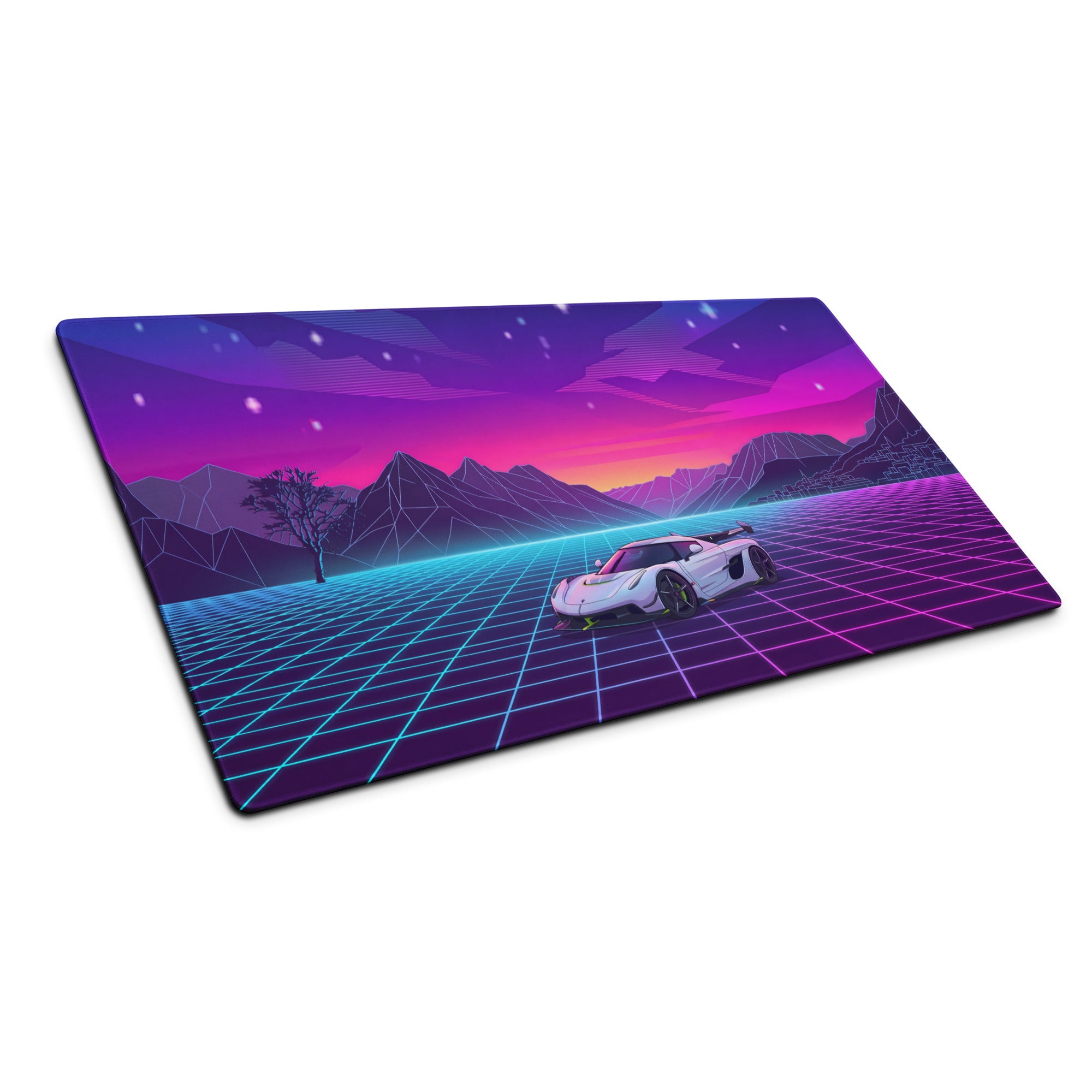 Koenigsegg Jesko Attack Inspired White Purple Vaporwave Gaming Mouse Pad – Neon Grid Mountain Desk Mat, Retro Futuristic Hypercar Digital Artwork