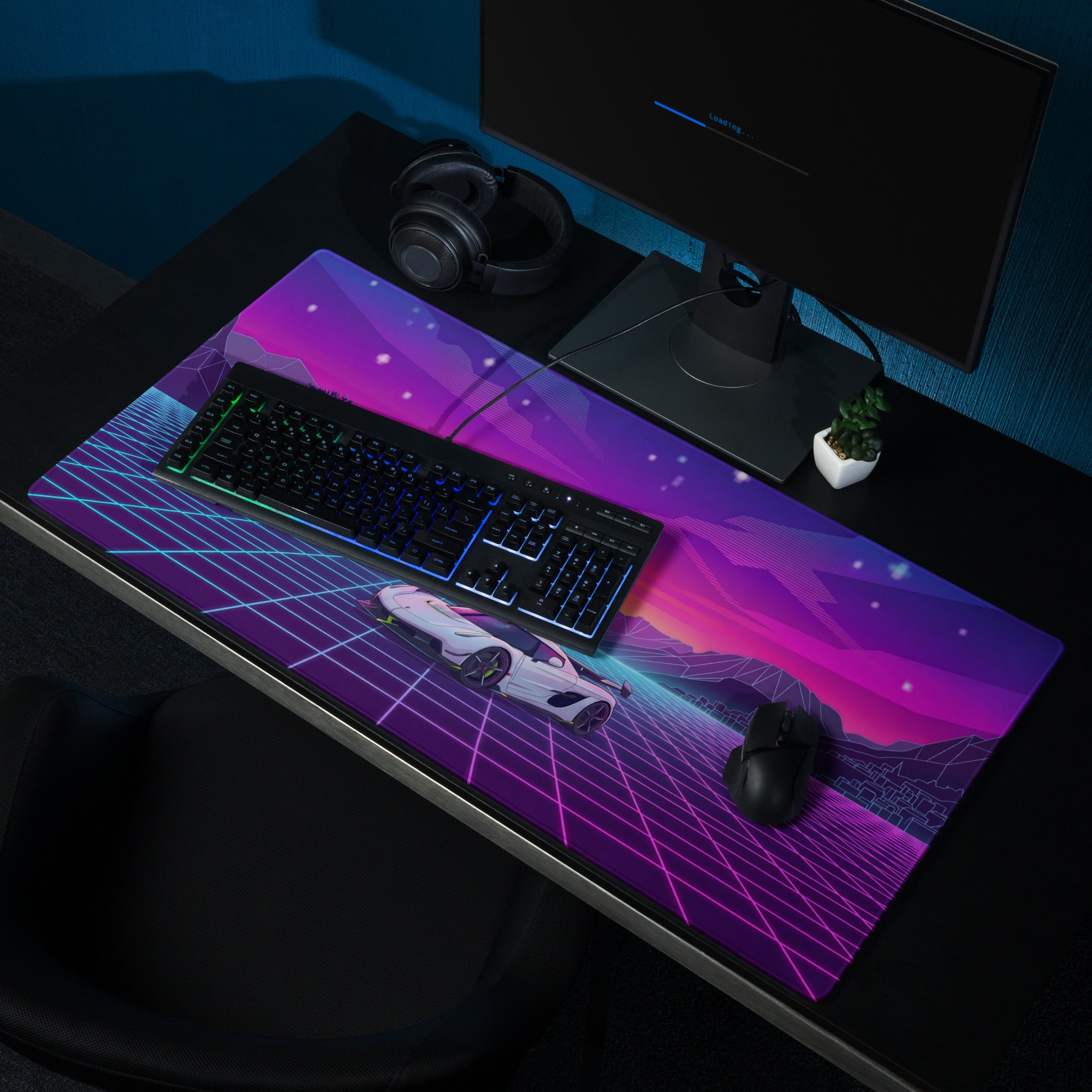 Koenigsegg Jesko Attack Inspired White Purple Vaporwave Gaming Mouse Pad – Neon Grid Mountain Desk Mat, Retro Futuristic Hypercar Digital Artwork