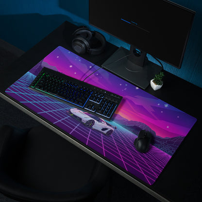 Koenigsegg Jesko Attack Inspired White Purple Vaporwave Gaming Mouse Pad – Neon Grid Mountain Desk Mat, Retro Futuristic Hypercar Digital Artwork