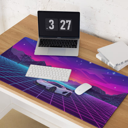 Koenigsegg Jesko Attack Inspired White Purple Vaporwave Gaming Mouse Pad – Neon Grid Mountain Desk Mat, Retro Futuristic Hypercar Digital Artwork