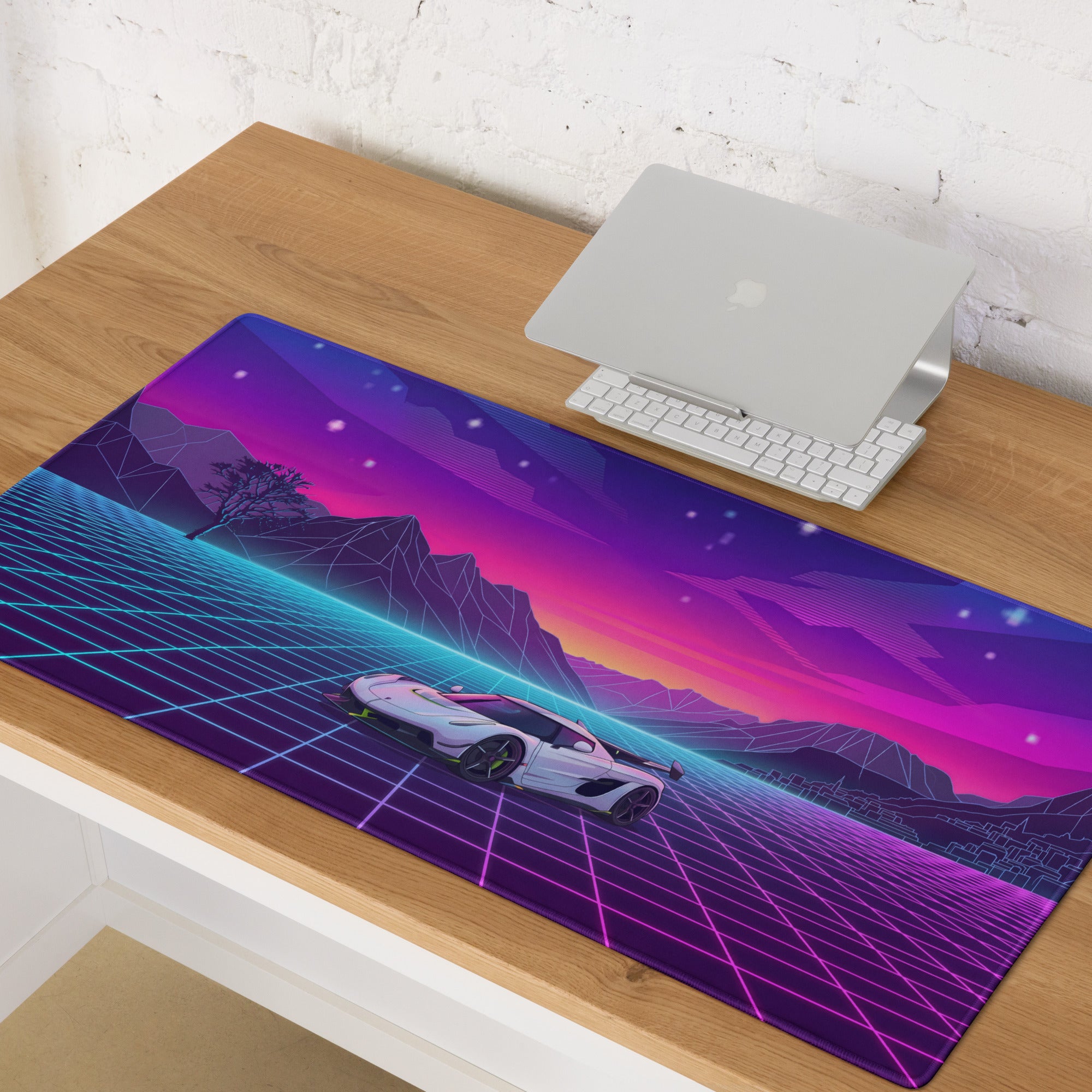 Koenigsegg Jesko Attack Inspired White Purple Vaporwave Gaming Mouse Pad – Neon Grid Mountain Desk Mat, Retro Futuristic Hypercar Digital Artwork