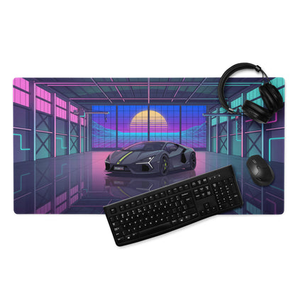 Lamborghini Revuelto Inspired Gray Cyan Vaporwave Gaming Mouse Pad – Neon Retro Garage Desk Mat, Futuristic Synthwave Supercar Digital Artwork