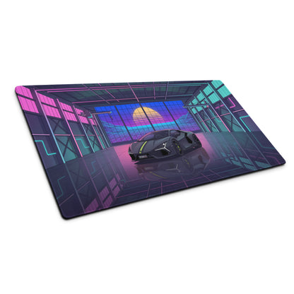Lamborghini Revuelto Inspired Gray Cyan Vaporwave Gaming Mouse Pad – Neon Retro Garage Desk Mat, Futuristic Synthwave Supercar Digital Artwork