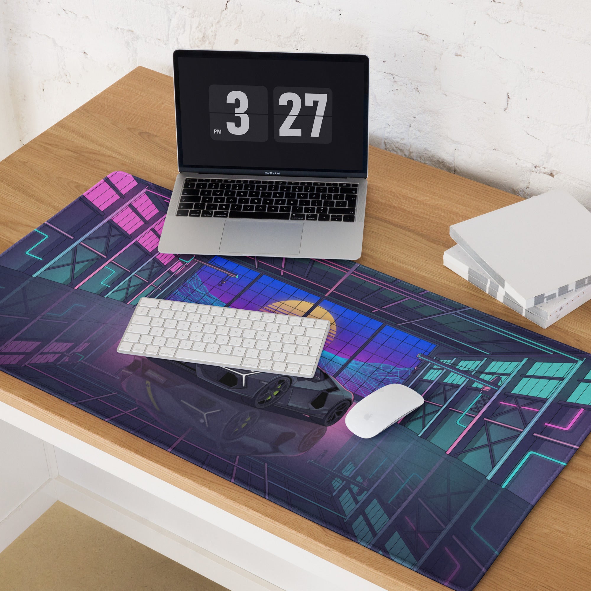 Lamborghini Revuelto Inspired Gray Cyan Vaporwave Gaming Mouse Pad – Neon Retro Garage Desk Mat, Futuristic Synthwave Supercar Digital Artwork
