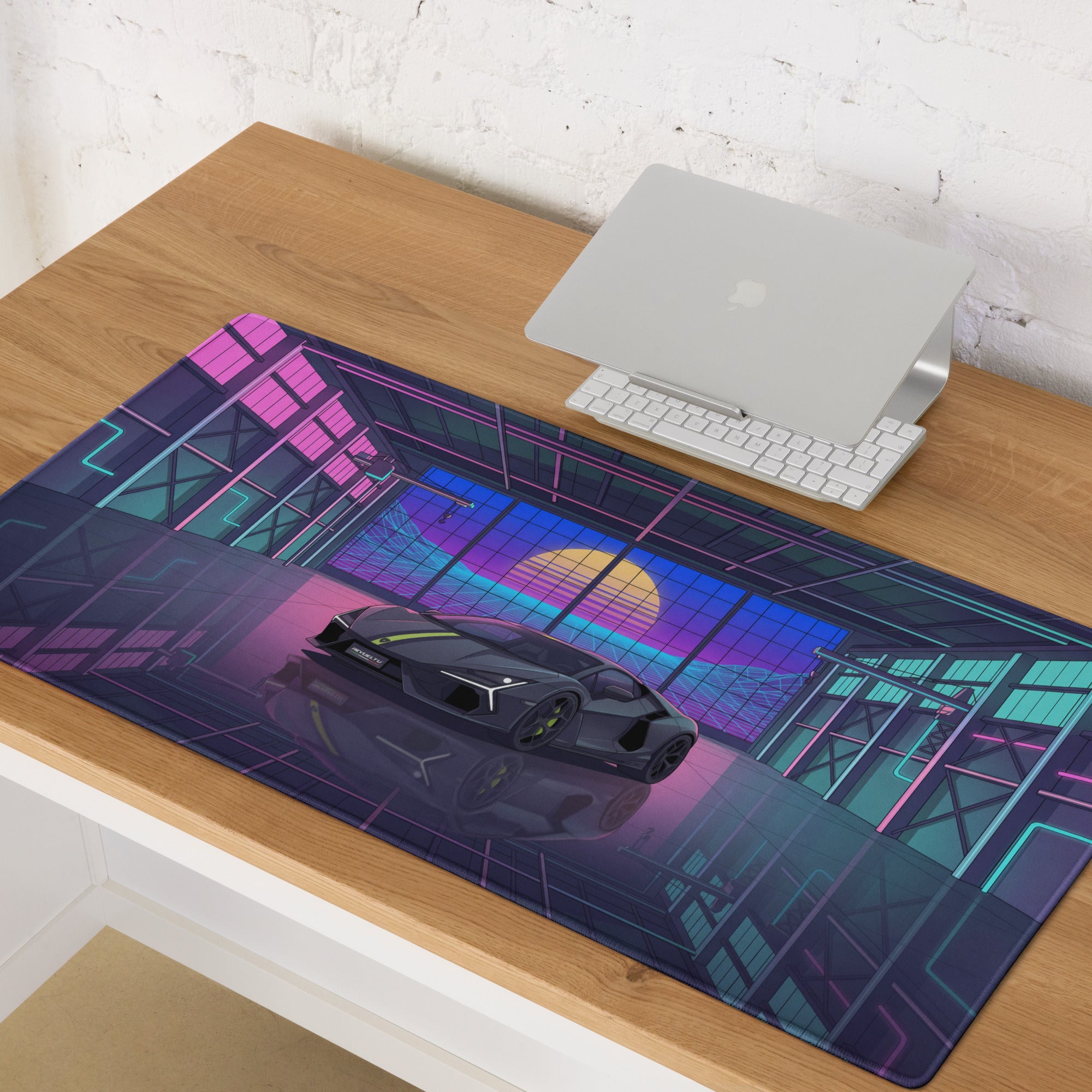 Lamborghini Revuelto Inspired Gray Cyan Vaporwave Gaming Mouse Pad – Neon Retro Garage Desk Mat, Futuristic Synthwave Supercar Digital Artwork
