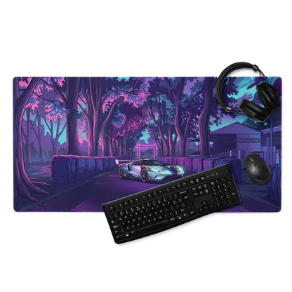 Ford GT Inspired White Blue Vaporwave Gaming Mouse Pad – Neon Forest Raceway Desk Mat, Retro Futuristic Supercar Digital Artwork