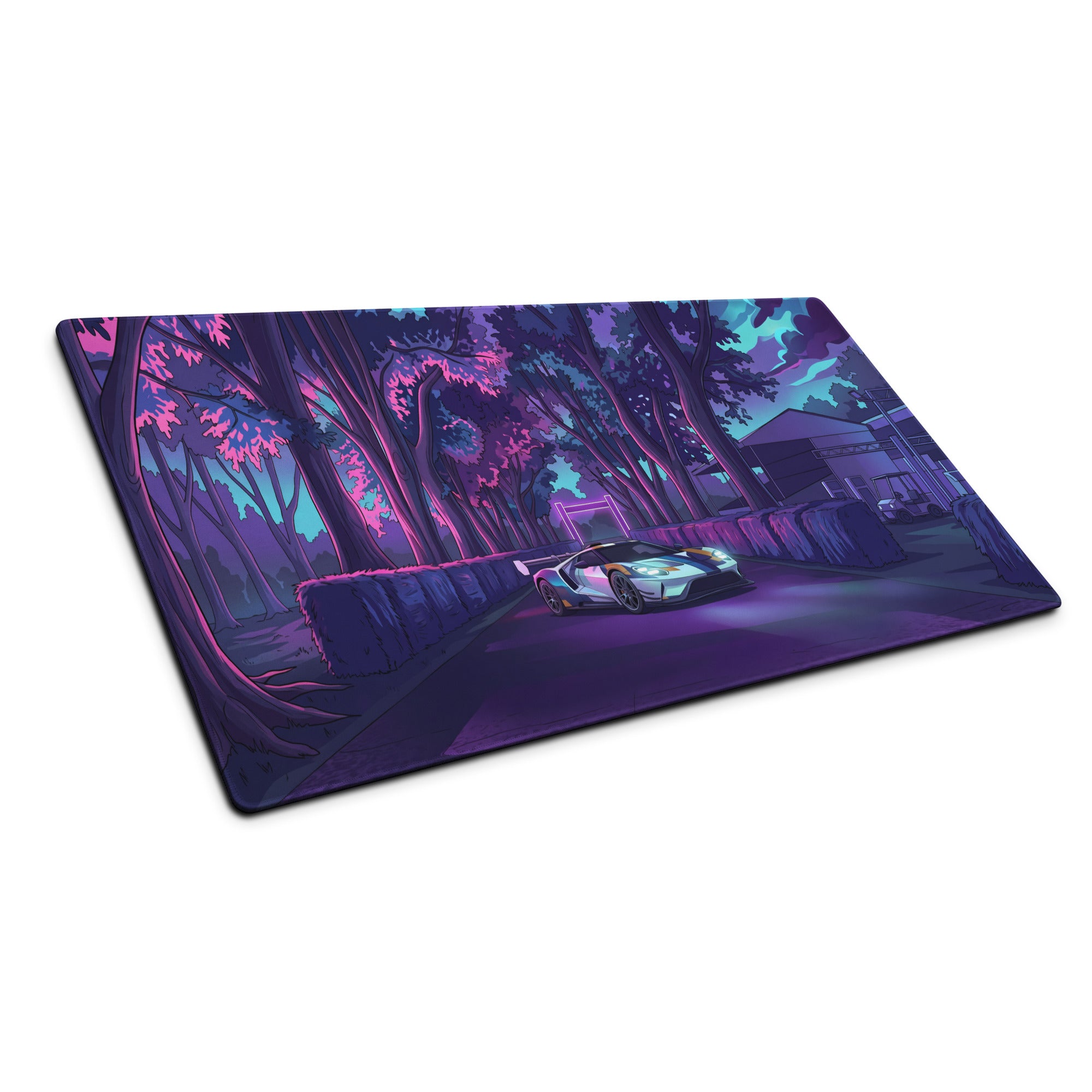 Ford GT Inspired White Blue Vaporwave Gaming Mouse Pad – Neon Forest Raceway Desk Mat, Retro Futuristic Supercar Digital Artwork