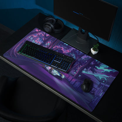 Ford GT Inspired White Blue Vaporwave Gaming Mouse Pad – Neon Forest Raceway Desk Mat, Retro Futuristic Supercar Digital Artwork