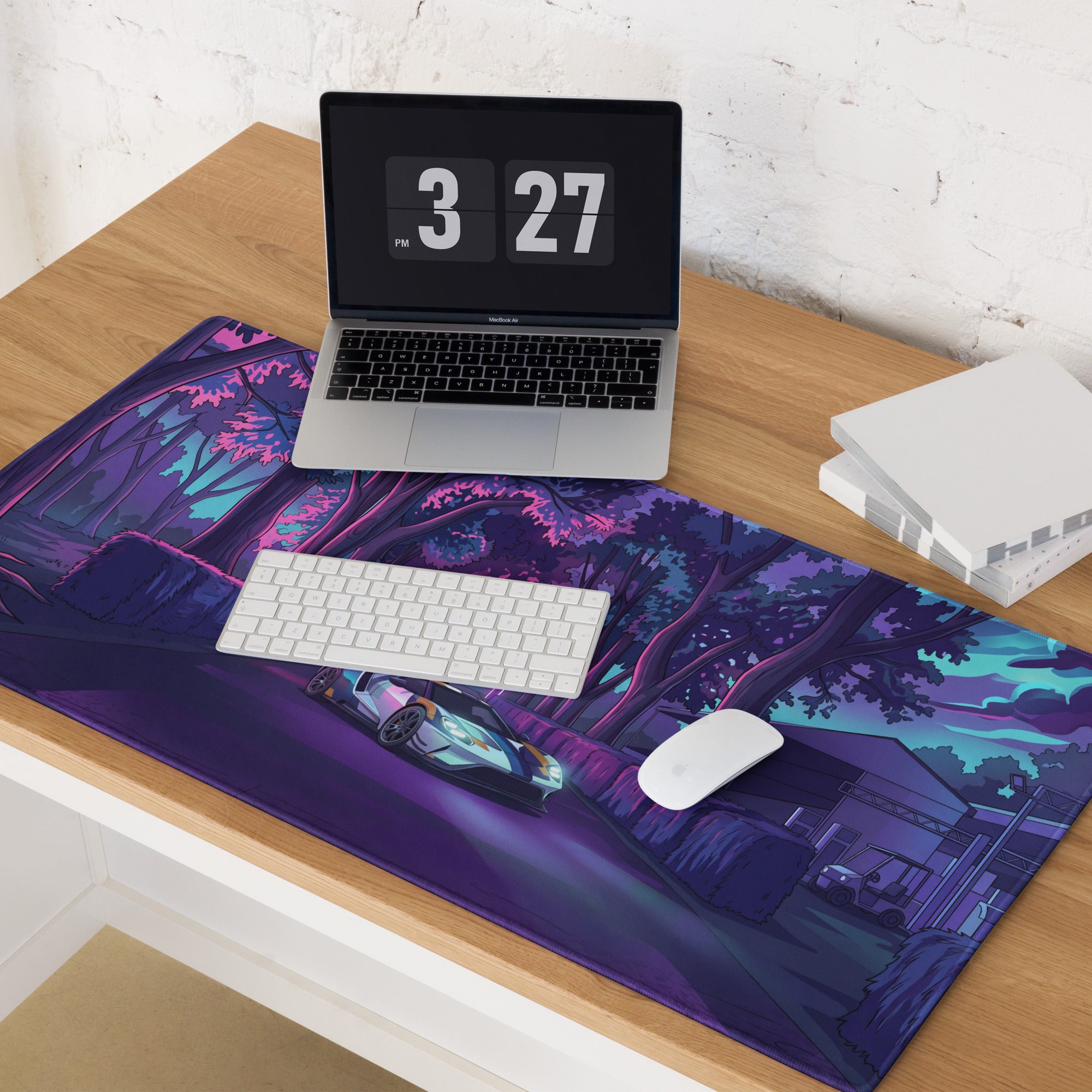 Ford GT Inspired White Blue Vaporwave Gaming Mouse Pad – Neon Forest Raceway Desk Mat, Retro Futuristic Supercar Digital Artwork
