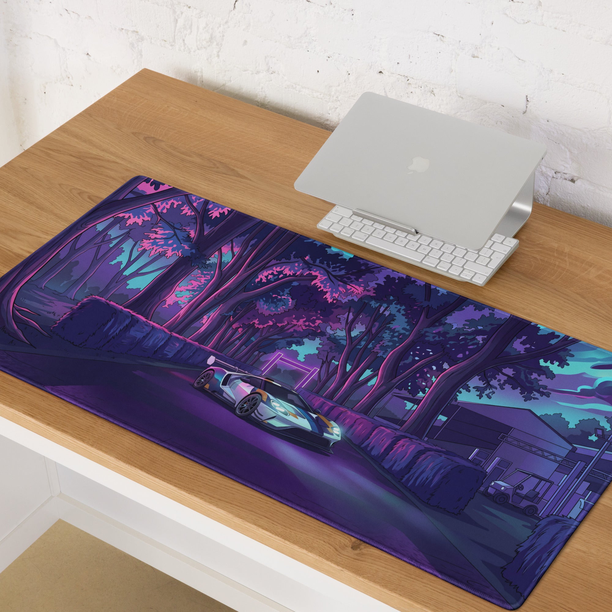 Ford GT Inspired White Blue Vaporwave Gaming Mouse Pad – Neon Forest Raceway Desk Mat, Retro Futuristic Supercar Digital Artwork