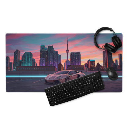 Lamborghini Aventador Inspired Rose Gold Vaporwave Gaming Mouse Pad – Toronto Sunset Skyline Desk Mat, Neon Urban Supercar Digital Artwork