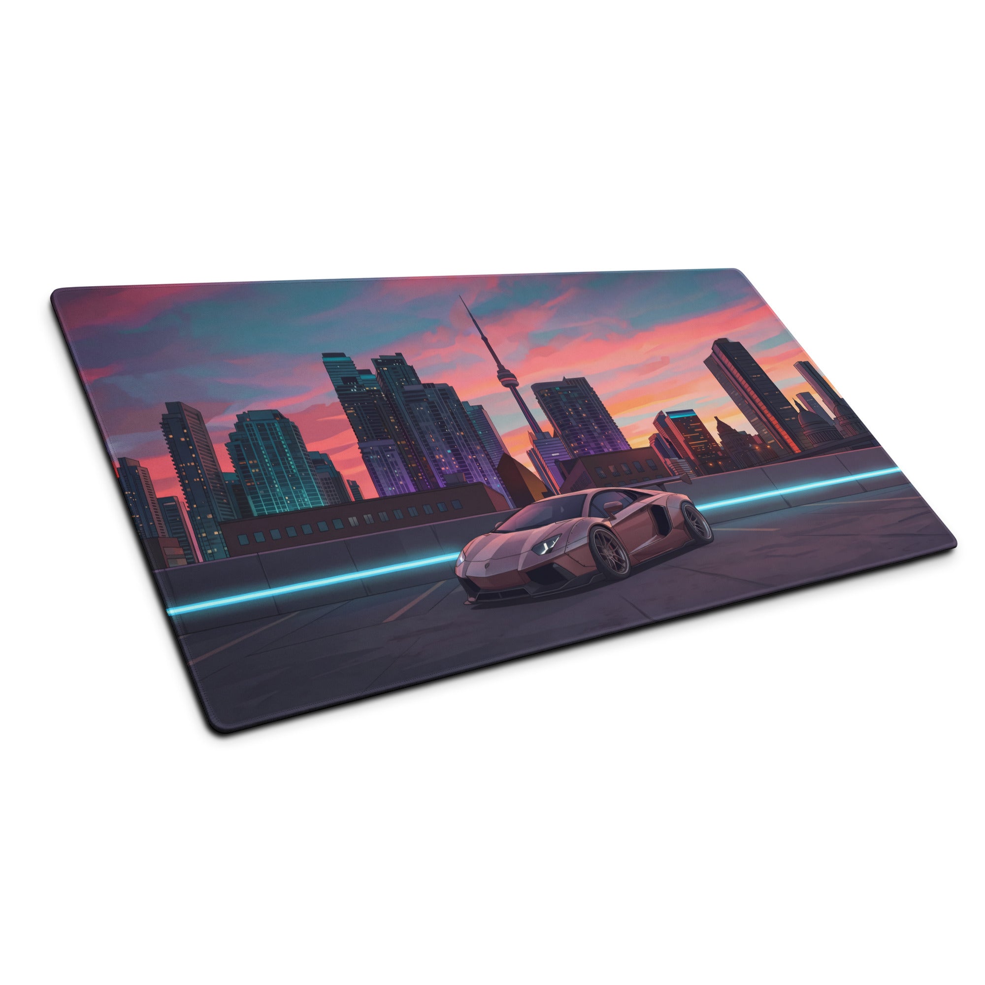 Lamborghini Aventador Inspired Rose Gold Vaporwave Gaming Mouse Pad – Toronto Sunset Skyline Desk Mat, Neon Urban Supercar Digital Artwork