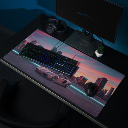 Lamborghini Aventador Inspired Rose Gold Vaporwave Gaming Mouse Pad – Toronto Sunset Skyline Desk Mat, Neon Urban Supercar Digital Artwork