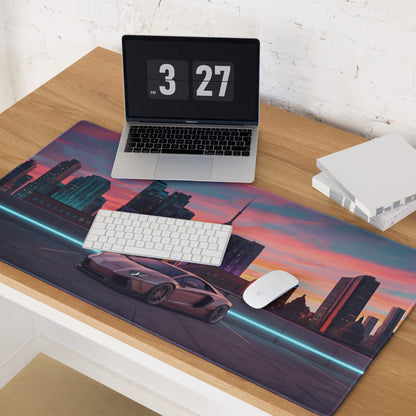Lamborghini Aventador Inspired Rose Gold Vaporwave Gaming Mouse Pad – Toronto Sunset Skyline Desk Mat, Neon Urban Supercar Digital Artwork