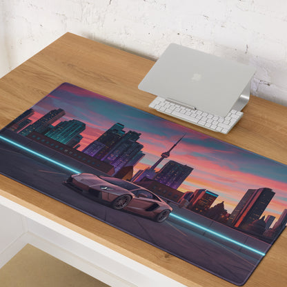Lamborghini Aventador Inspired Rose Gold Vaporwave Gaming Mouse Pad – Toronto Sunset Skyline Desk Mat, Neon Urban Supercar Digital Artwork