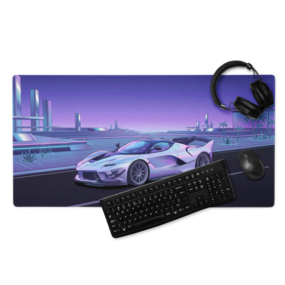 Ferrari FXX-K Evo Inspired White Purple Vaporwave Gaming Mouse Pad – Futuristic Neon Highway Desk Mat, Retro Hypercar Digital Artwork