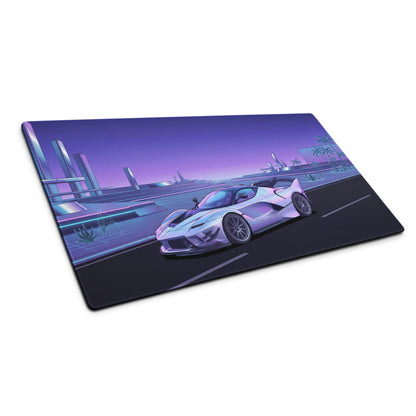 Ferrari FXX-K Evo Inspired White Purple Vaporwave Gaming Mouse Pad – Futuristic Neon Highway Desk Mat, Retro Hypercar Digital Artwork