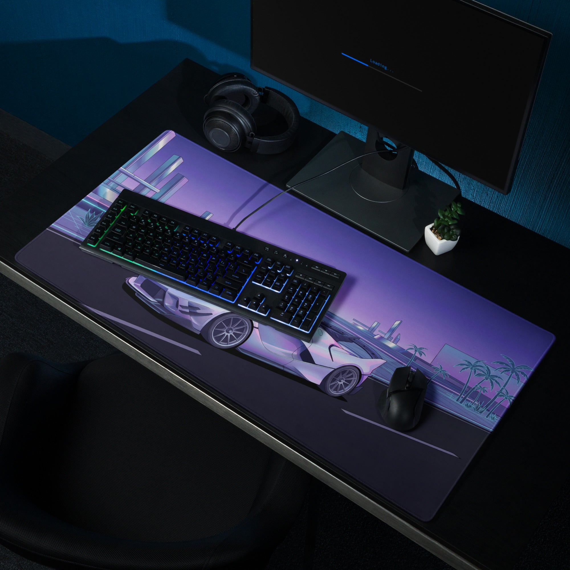 Ferrari FXX-K Evo Inspired White Purple Vaporwave Gaming Mouse Pad – Futuristic Neon Highway Desk Mat, Retro Hypercar Digital Artwork