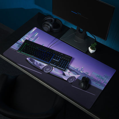 Ferrari FXX-K Evo Inspired White Purple Vaporwave Gaming Mouse Pad – Futuristic Neon Highway Desk Mat, Retro Hypercar Digital Artwork