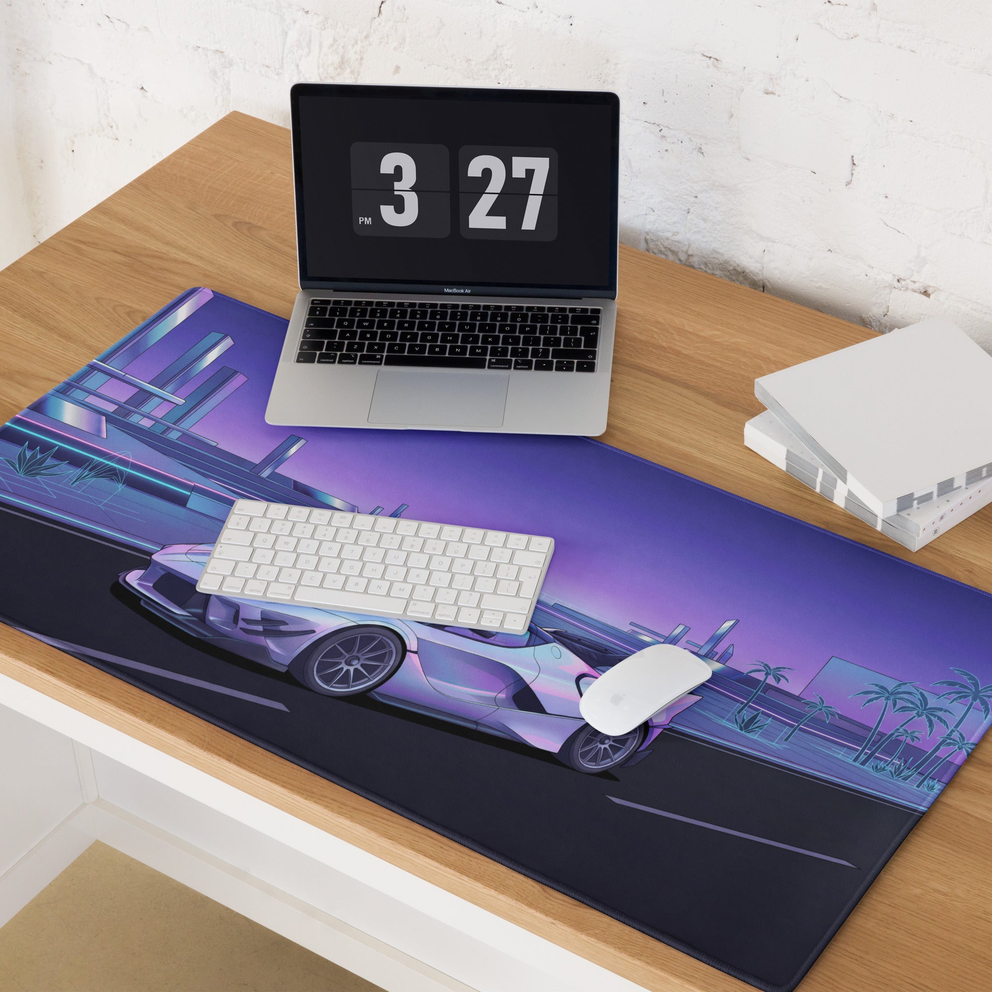 Ferrari FXX-K Evo Inspired White Purple Vaporwave Gaming Mouse Pad – Futuristic Neon Highway Desk Mat, Retro Hypercar Digital Artwork