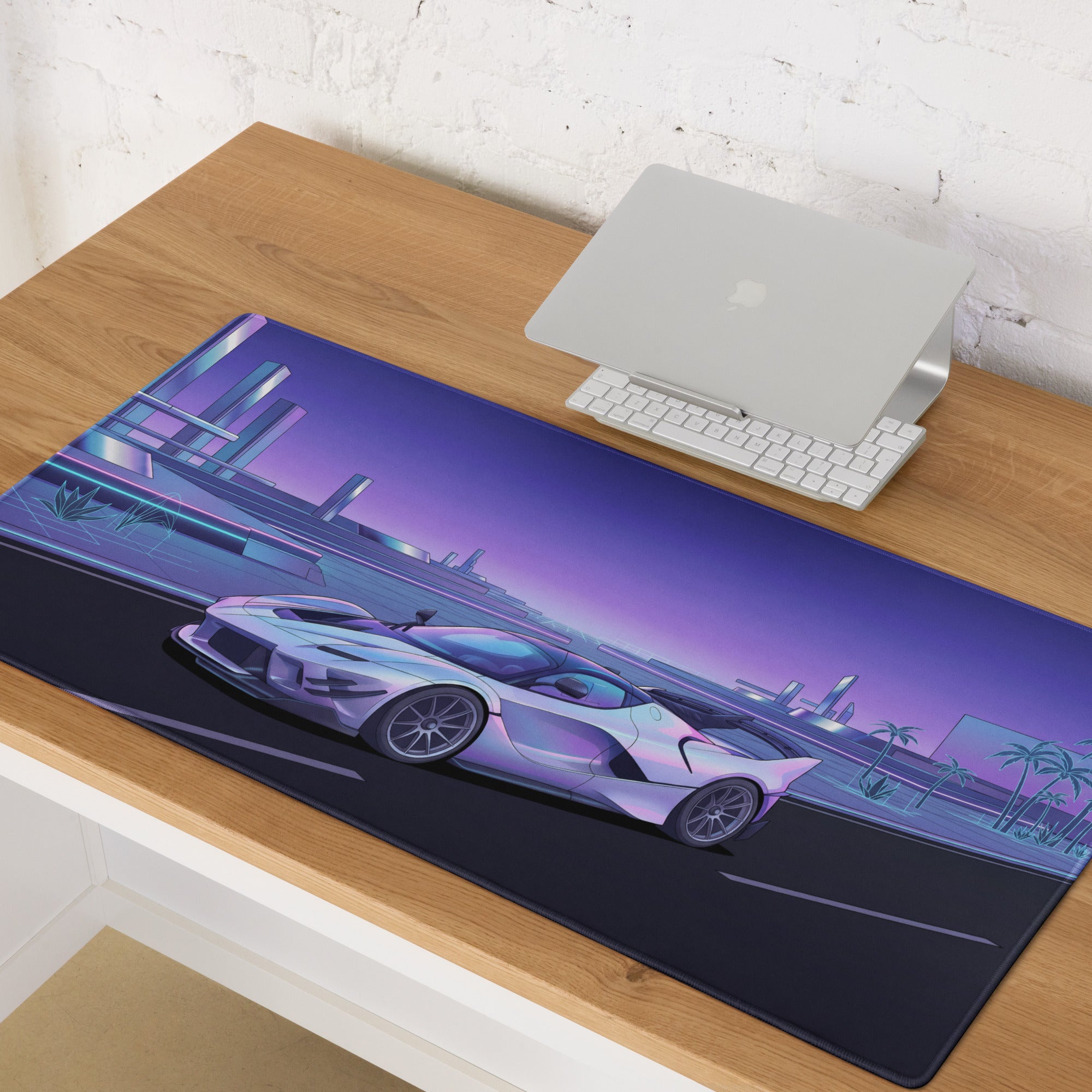 Ferrari FXX-K Evo Inspired White Purple Vaporwave Gaming Mouse Pad – Futuristic Neon Highway Desk Mat, Retro Hypercar Digital Artwork