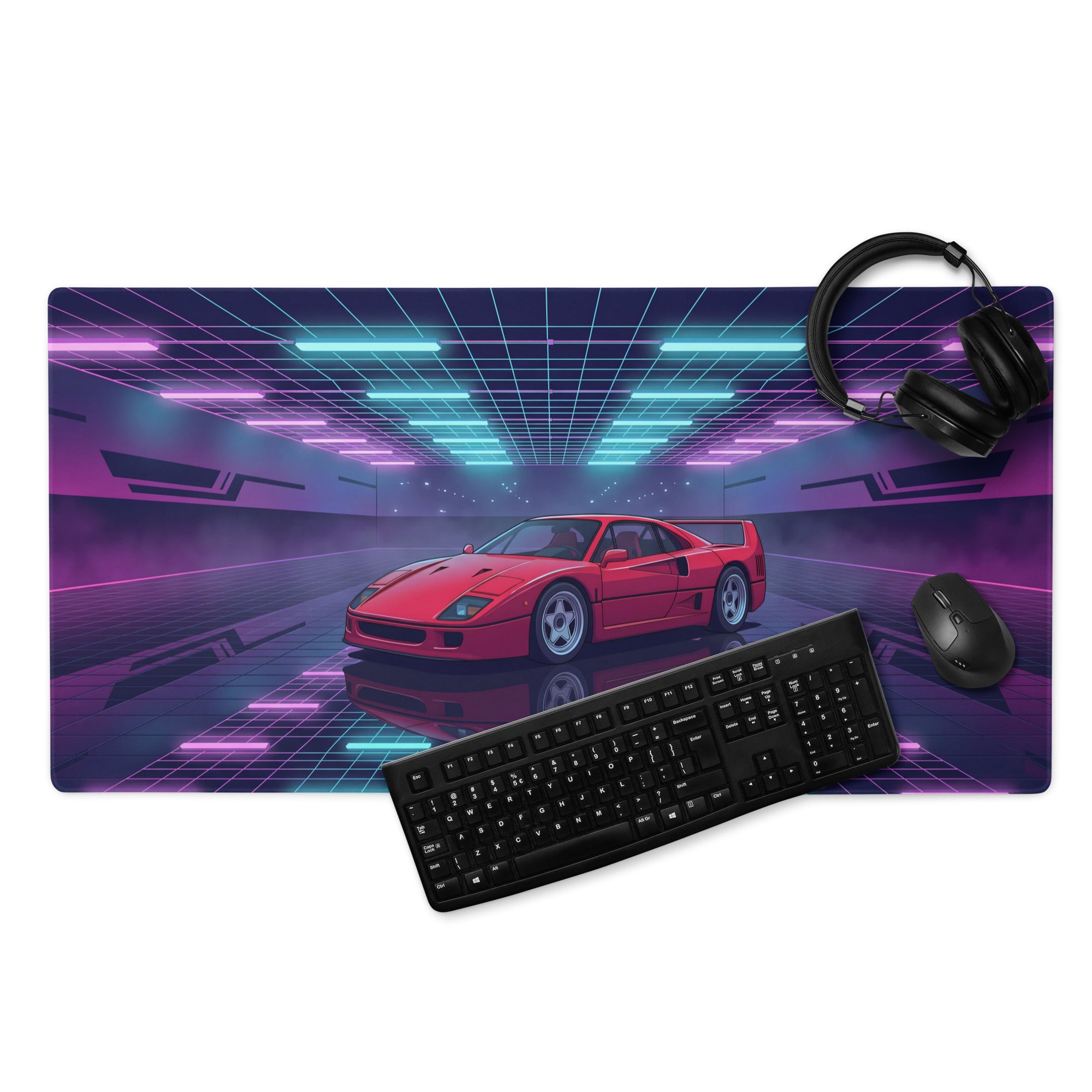 Ferrari F40 Inspired Red Cyan Vaporwave Gaming Mouse Pad – Neon Retro Garage Desk Mat, Futuristic Synthwave Supercar Digital Artwork