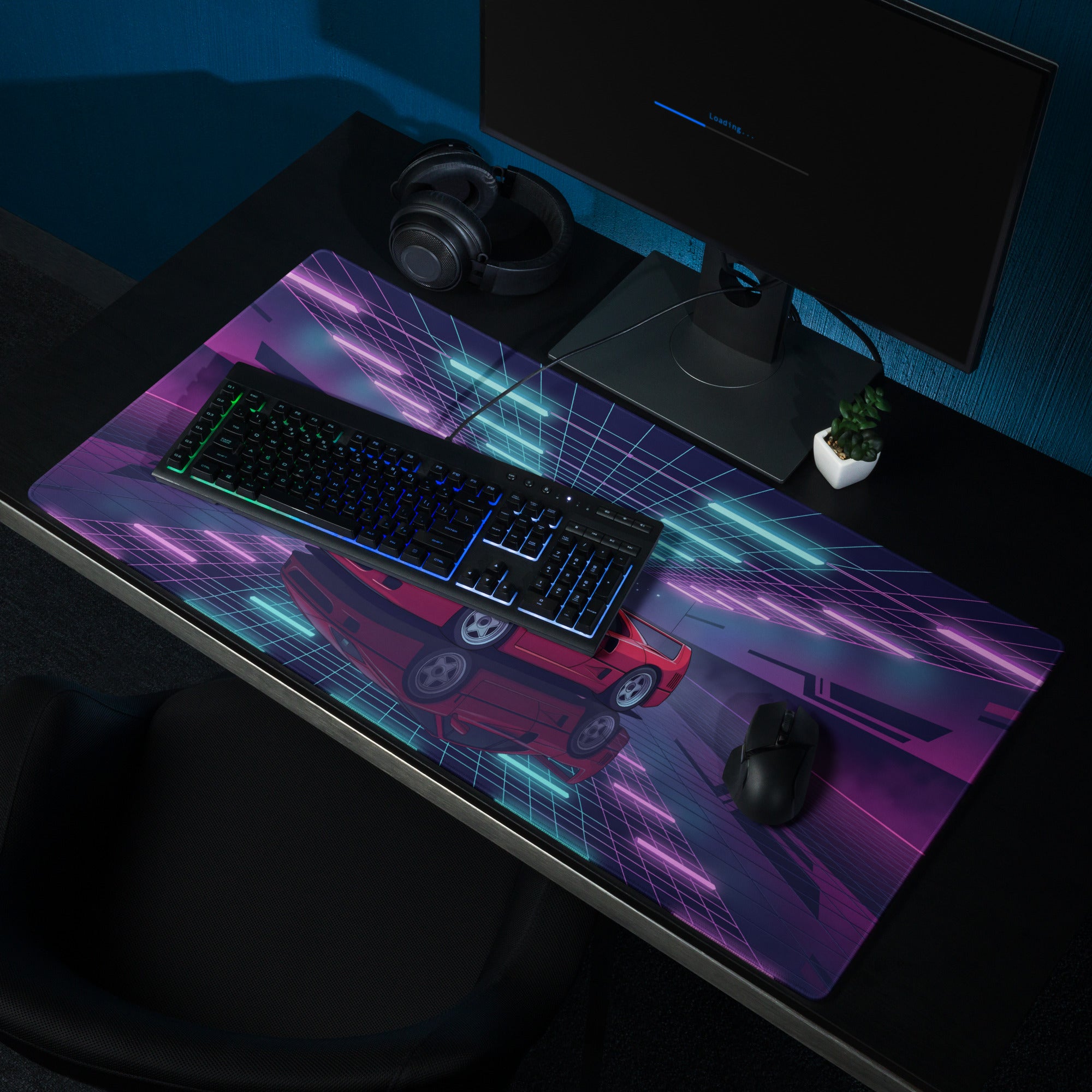 Ferrari F40 Inspired Red Cyan Vaporwave Gaming Mouse Pad – Neon Retro Garage Desk Mat, Futuristic Synthwave Supercar Digital Artwork