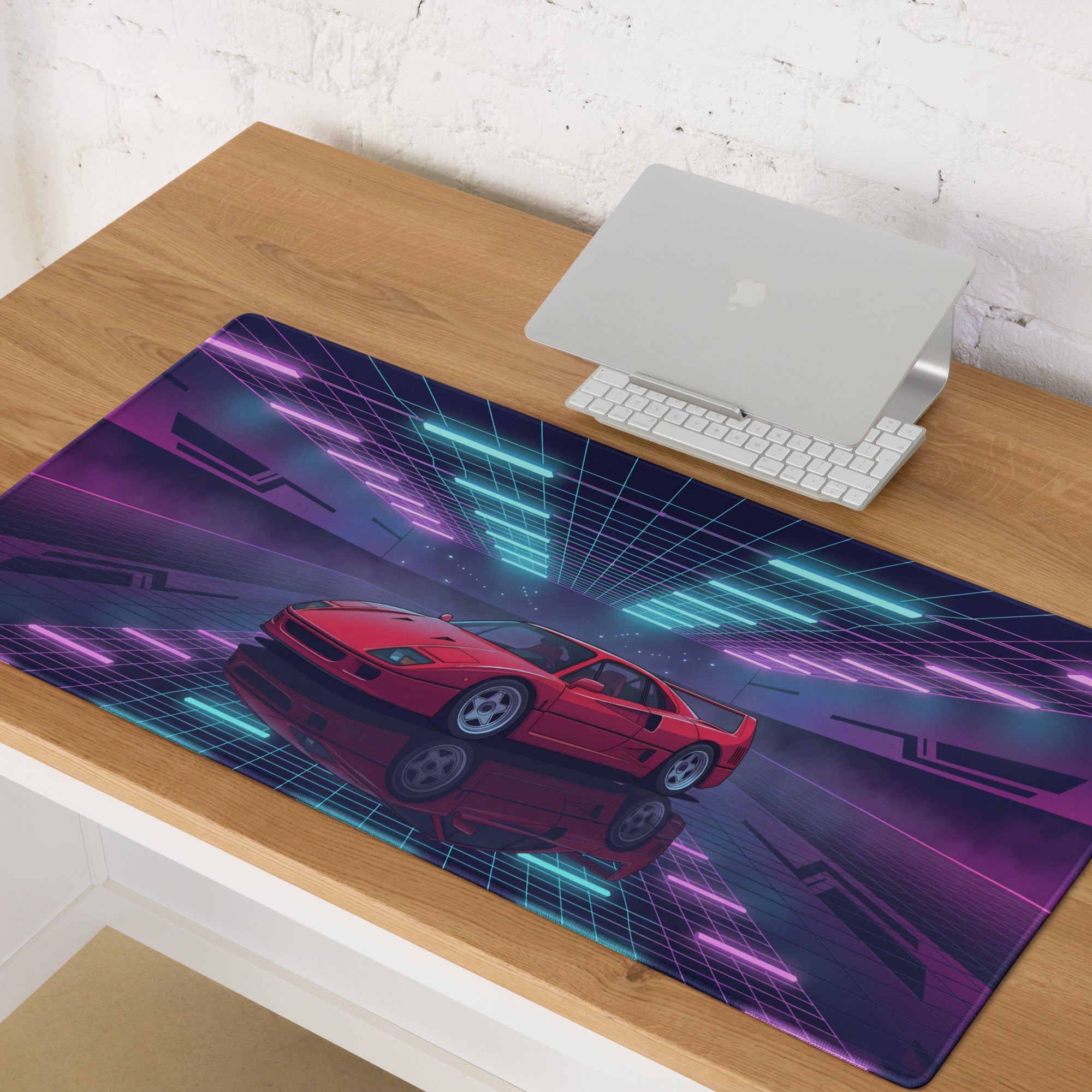 Ferrari F40 Inspired Red Cyan Vaporwave Gaming Mouse Pad – Neon Retro Garage Desk Mat, Futuristic Synthwave Supercar Digital Artwork