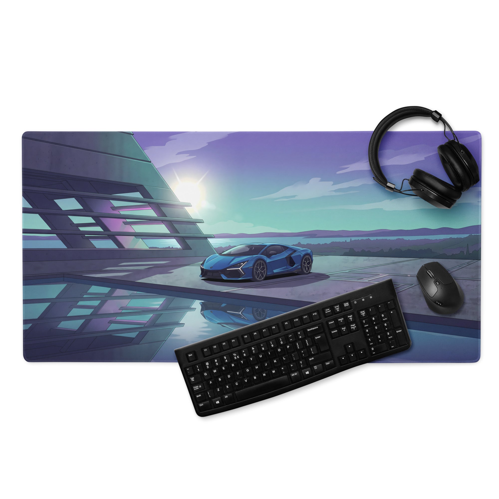 Lamborghini Revuelto Inspired Blue Purple Vaporwave Gaming Mouse Pad – Futuristic Coastal Architecture Desk Mat, Dreamy Synthwave Supercar Digital Art