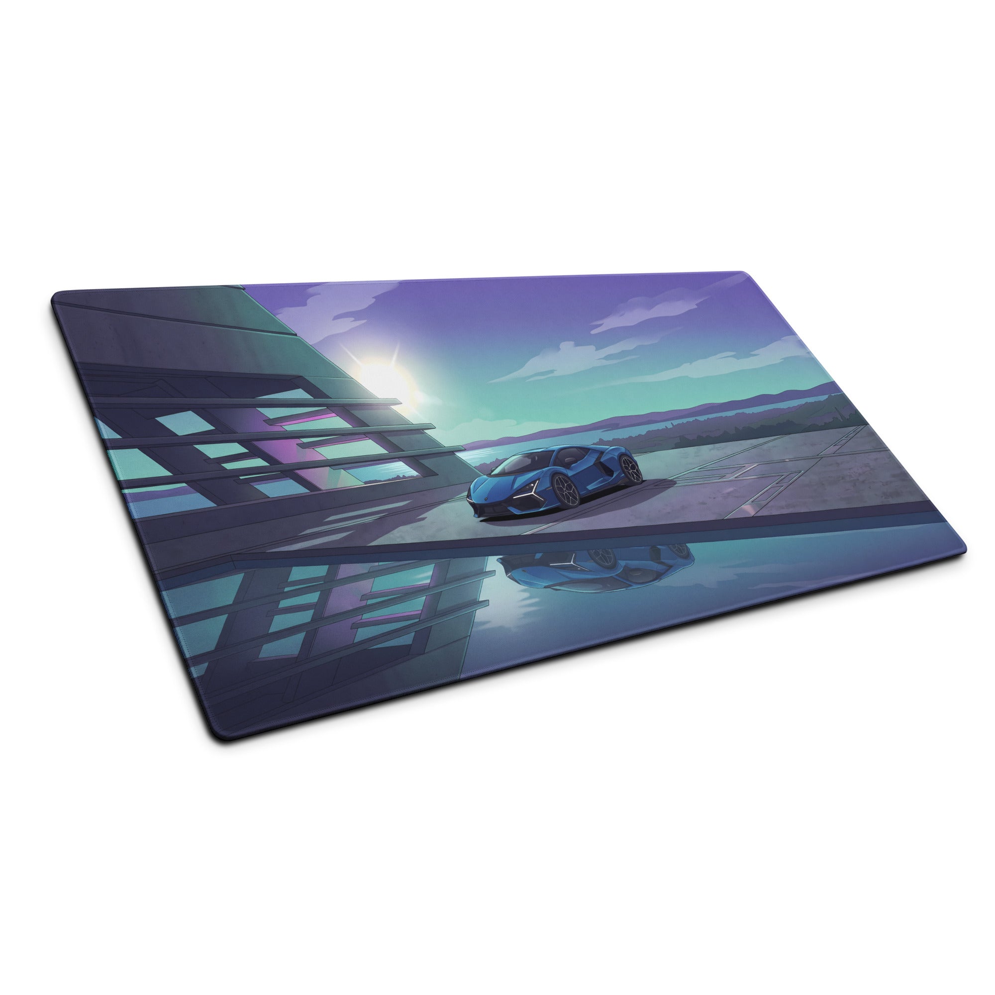 Lamborghini Revuelto Inspired Blue Purple Vaporwave Gaming Mouse Pad – Futuristic Coastal Architecture Desk Mat, Dreamy Synthwave Supercar Digital Art