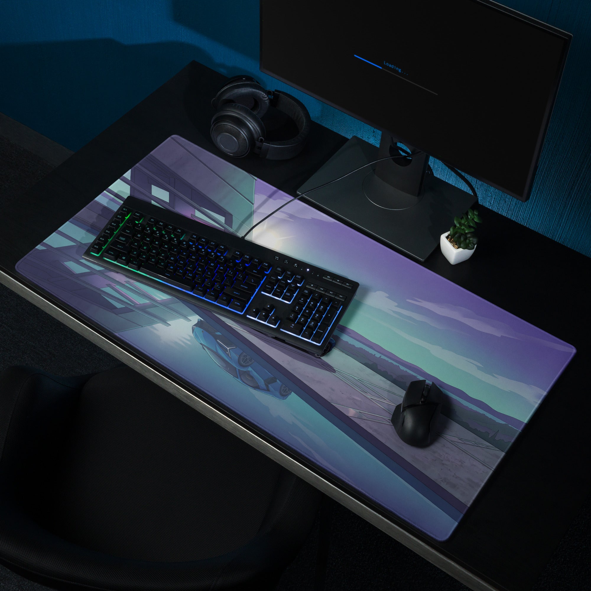 Lamborghini Revuelto Inspired Blue Purple Vaporwave Gaming Mouse Pad – Futuristic Coastal Architecture Desk Mat, Dreamy Synthwave Supercar Digital Art