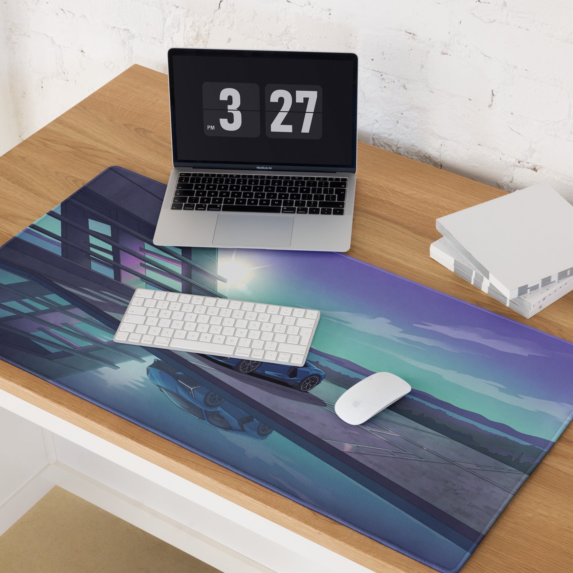 Lamborghini Revuelto Inspired Blue Purple Vaporwave Gaming Mouse Pad – Futuristic Coastal Architecture Desk Mat, Dreamy Synthwave Supercar Digital Art