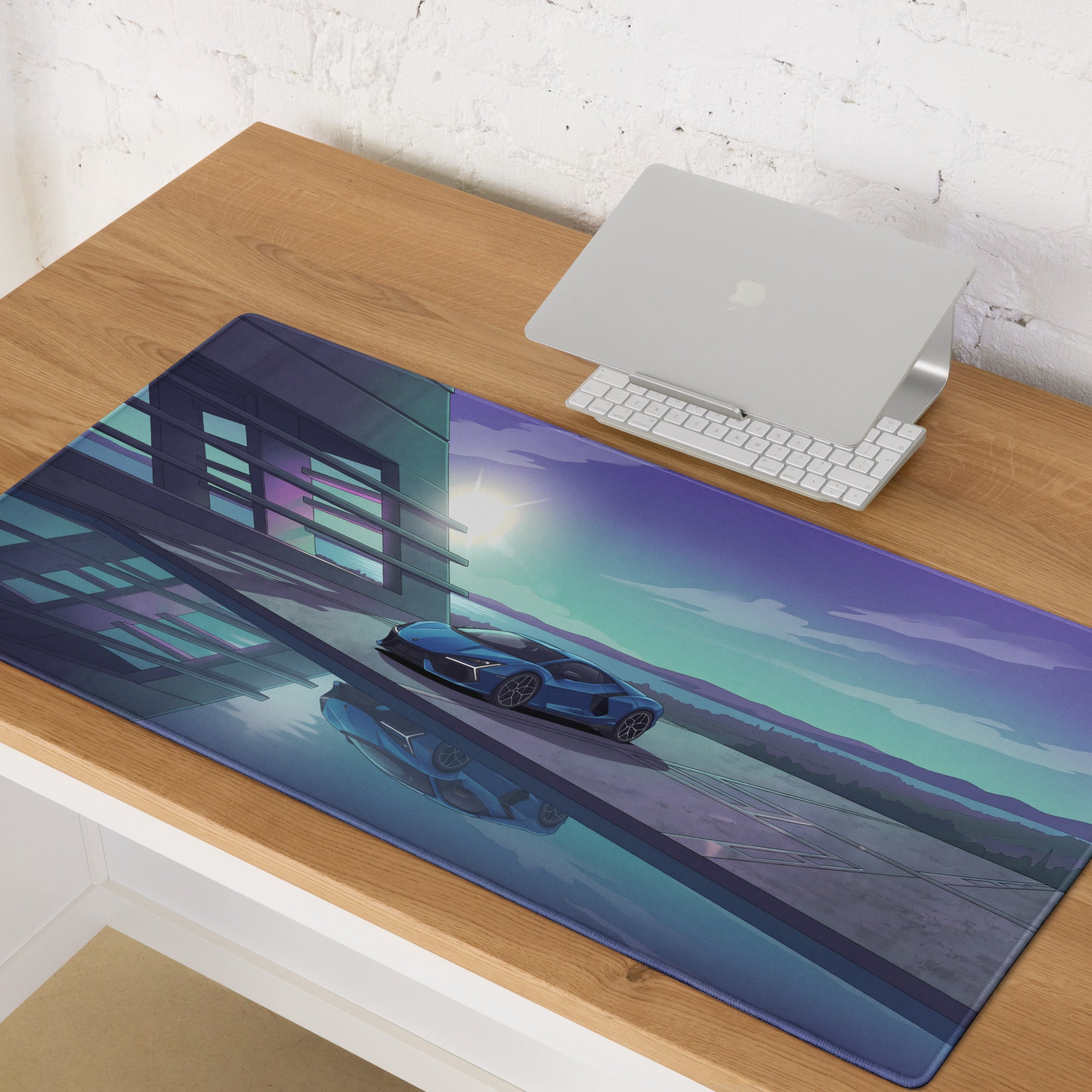 Lamborghini Revuelto Inspired Blue Purple Vaporwave Gaming Mouse Pad – Futuristic Coastal Architecture Desk Mat, Dreamy Synthwave Supercar Digital Art