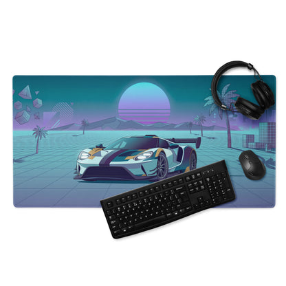 Ford GT Inspired White Teal Vaporwave Gaming Mouse Pad – Neon Retro Grid Sunset Desk Mat, Synthwave Supercar Digital Artwork, Futuristic Palm Tree Decor