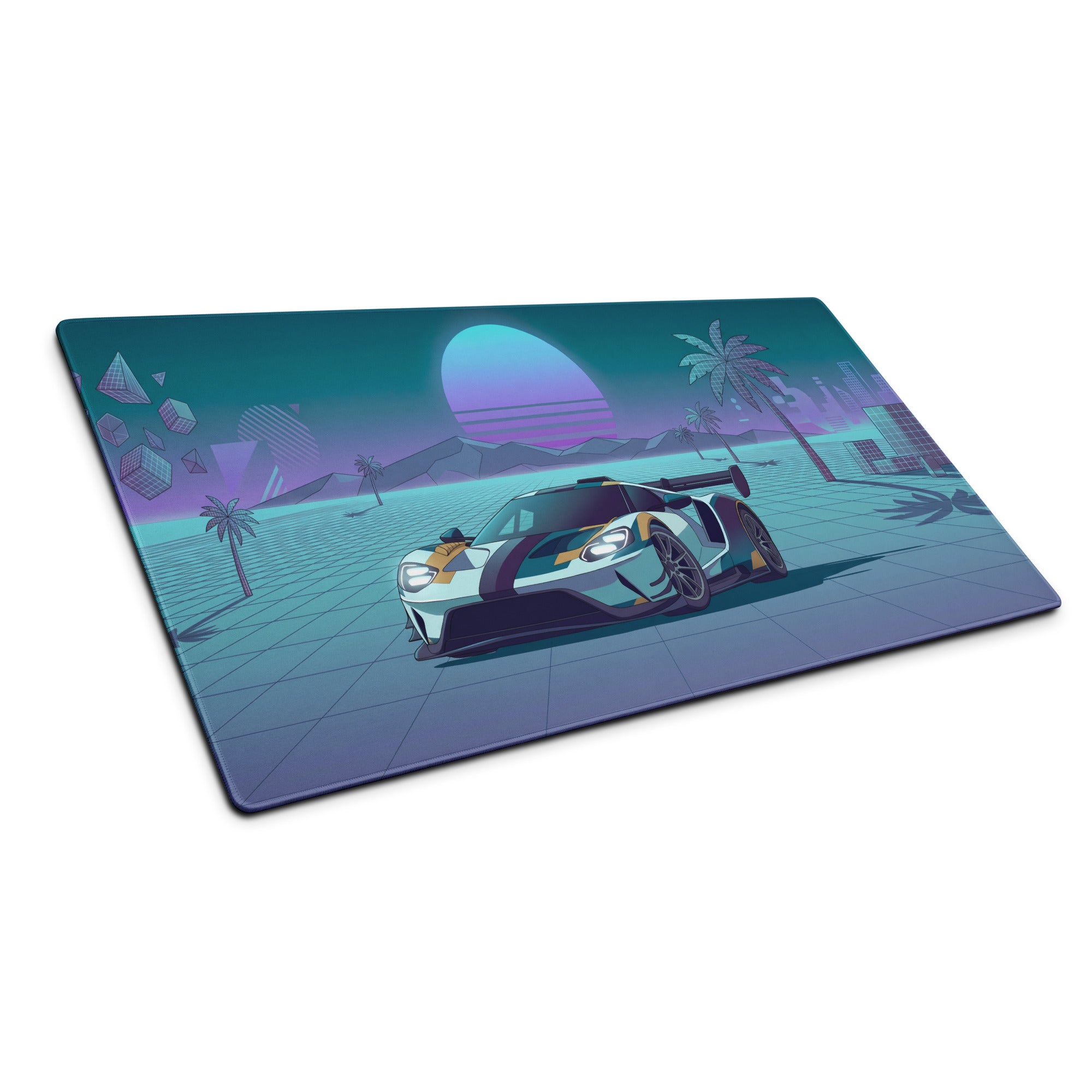 Ford GT Inspired White Teal Vaporwave Gaming Mouse Pad – Neon Retro Grid Sunset Desk Mat, Synthwave Supercar Digital Artwork, Futuristic Palm Tree Decor