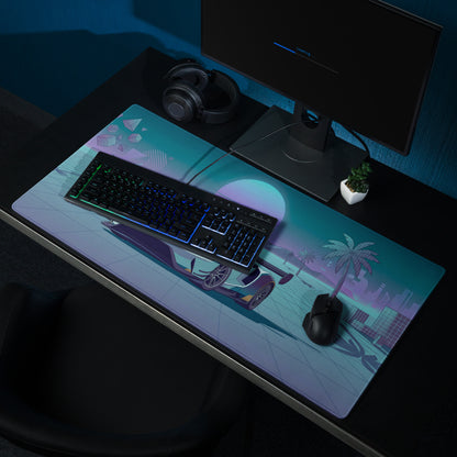 Ford GT Inspired White Teal Vaporwave Gaming Mouse Pad – Neon Retro Grid Sunset Desk Mat, Synthwave Supercar Digital Artwork, Futuristic Palm Tree Decor